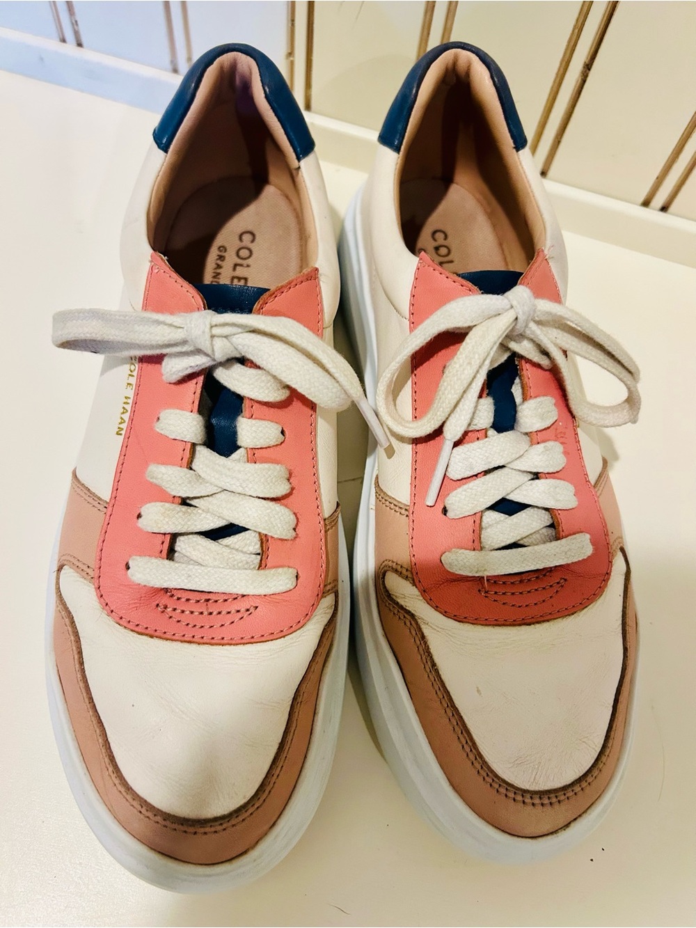 Cole Haan White, Coral & Navy Colorblock Leather Sneakers